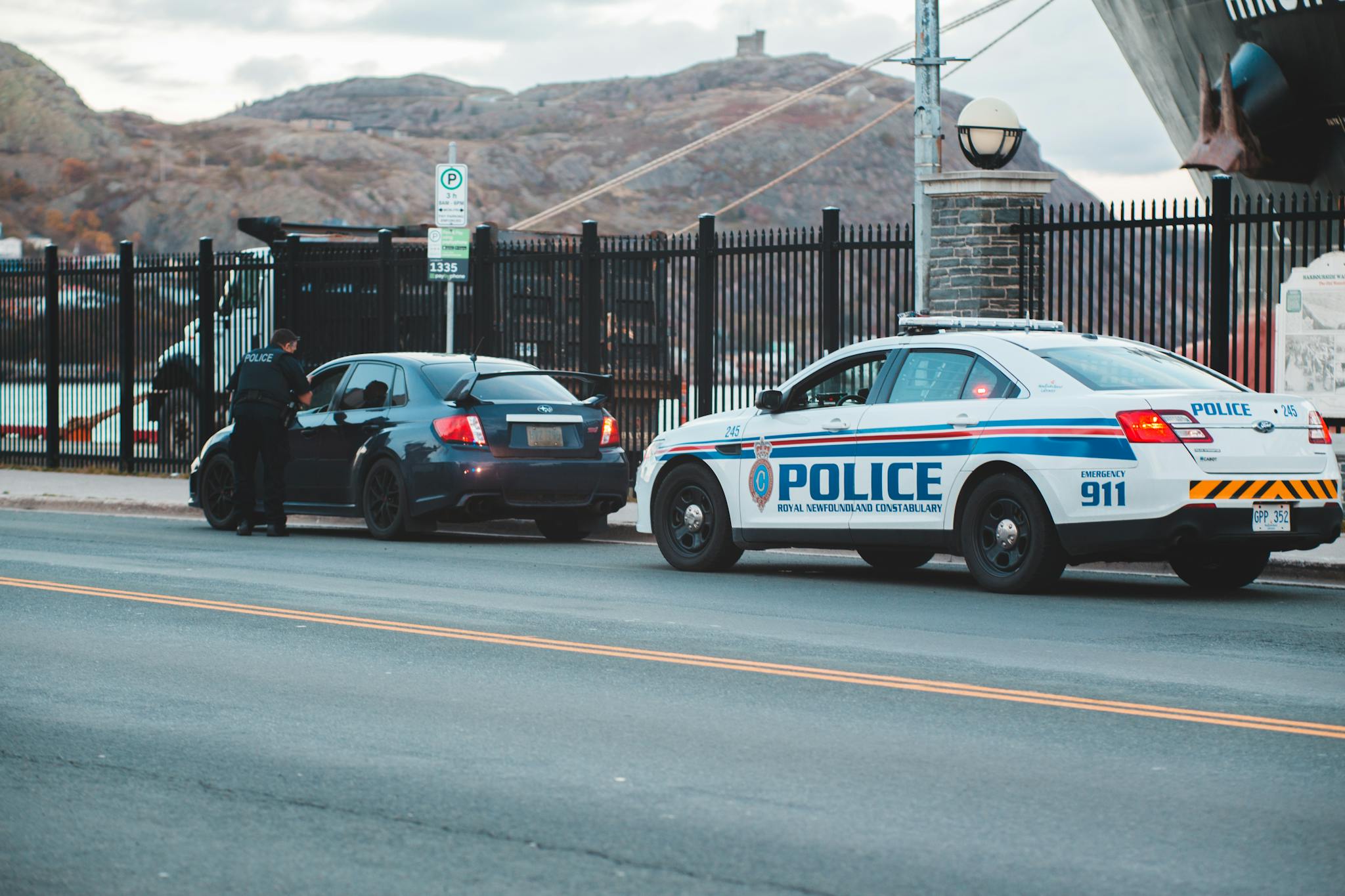 Back view of unrecognizable police officer in uniform checking modern car parked on asphalt road against cloudy sky